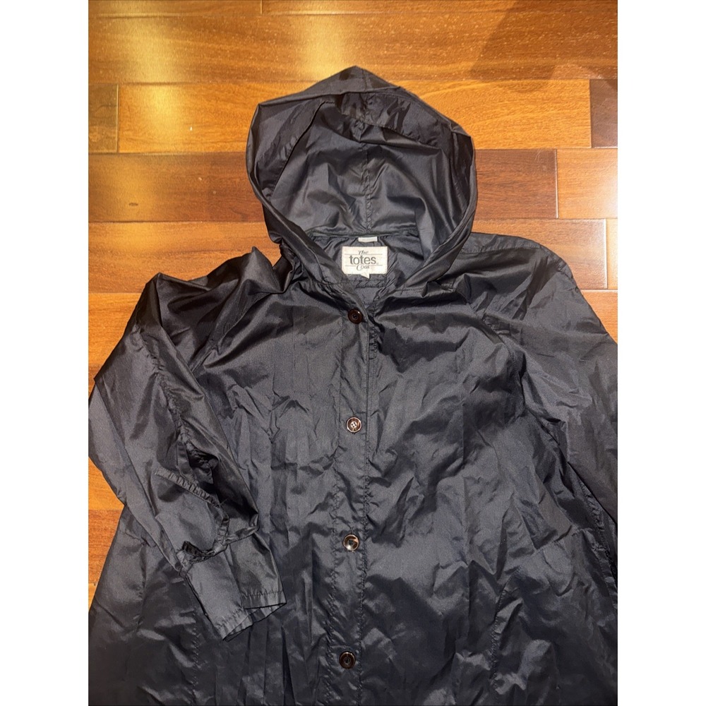 Vintage 90s Totes PVC Medium Rain Coat Slicker Jacket Black Hooded Button Up